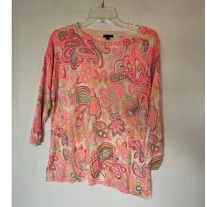 Talbots Women's L Pink Paisley 3/4 Sleeve Pullover Sweater Casual Bright Spring